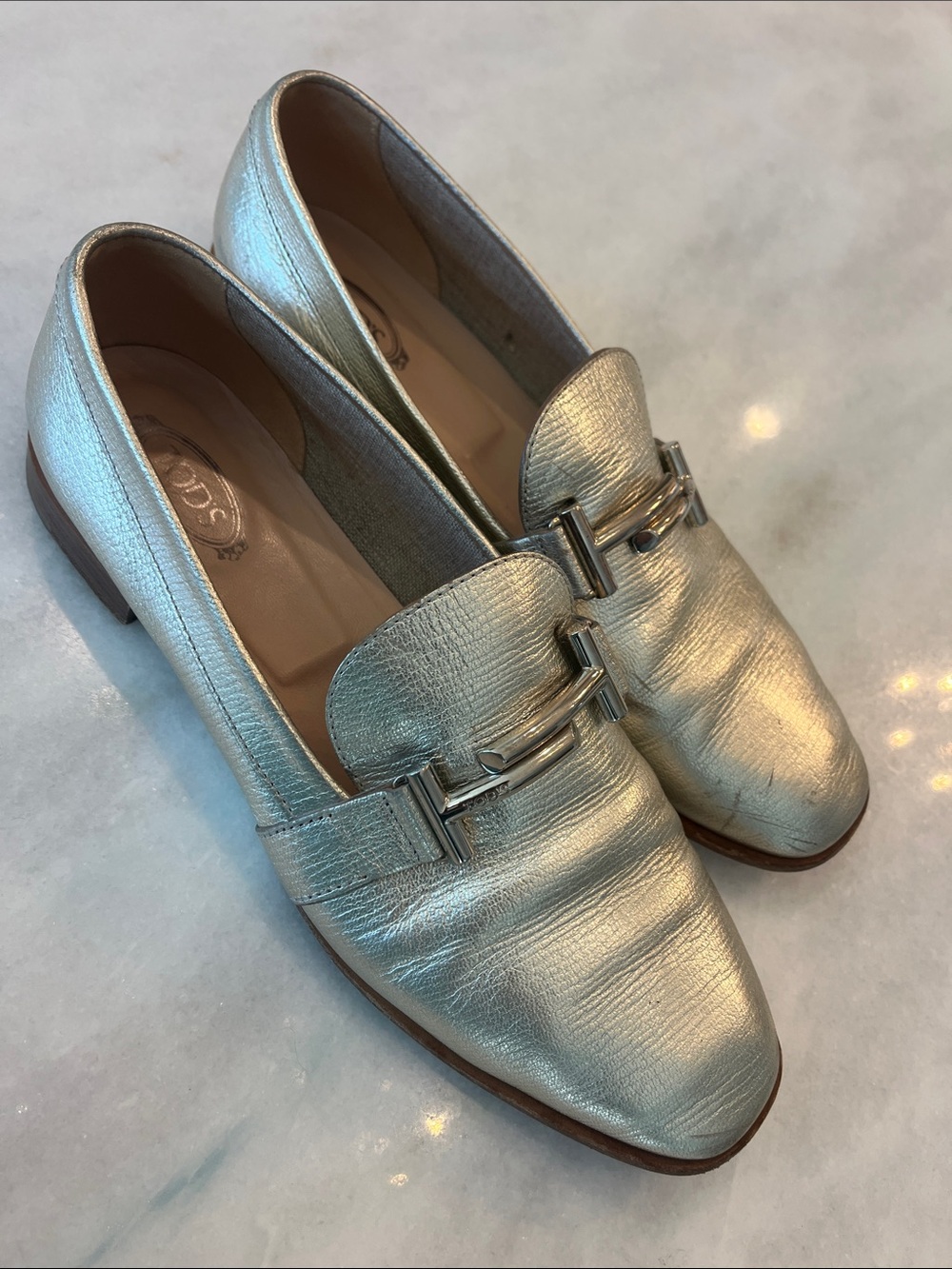 Tod's Silver Metallic Leather Bit Double T Loafers Women's Size 9.5